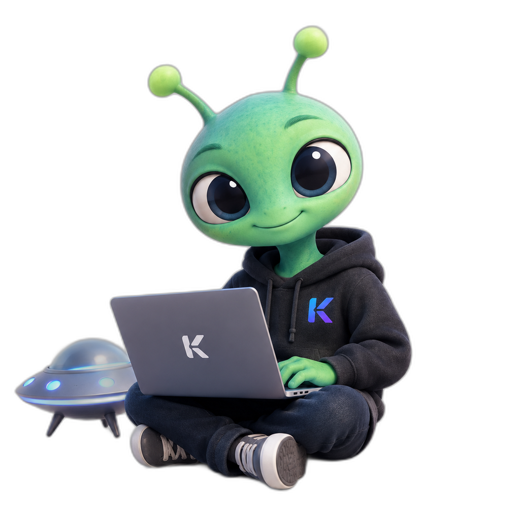 Klectr alien mascot working on a laptop
